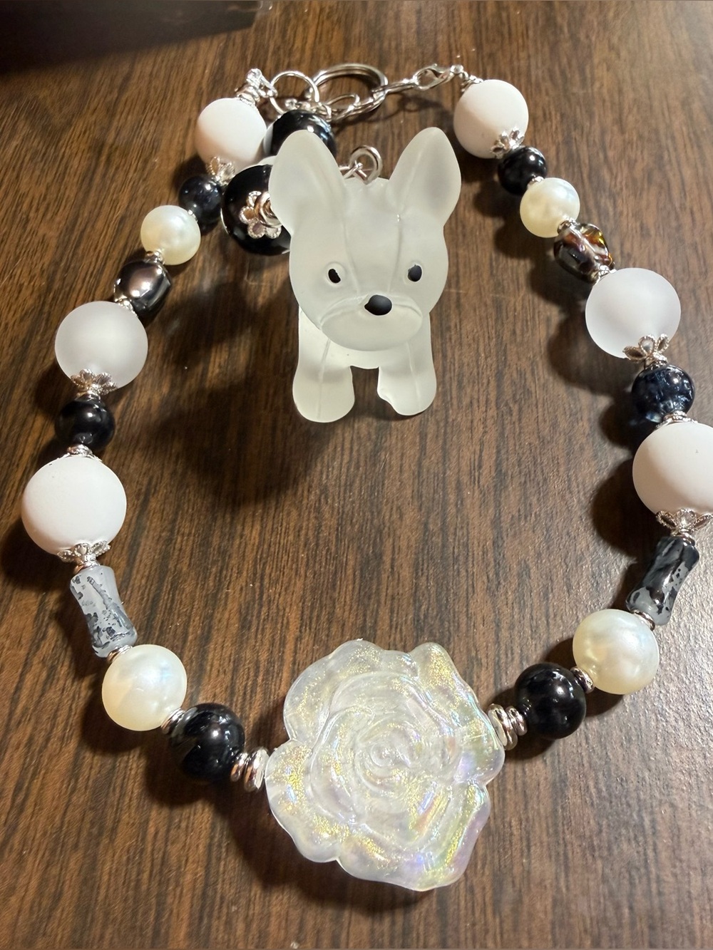 Glass Dog & Rose Pendant Beaded Keychain or Back Pack Clip - Black, White, Pearl